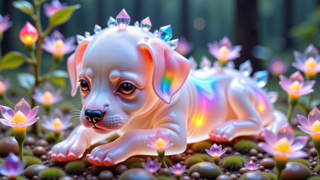 Vibrant Crystal Rainbow Puppy Amidst Underground Bloom