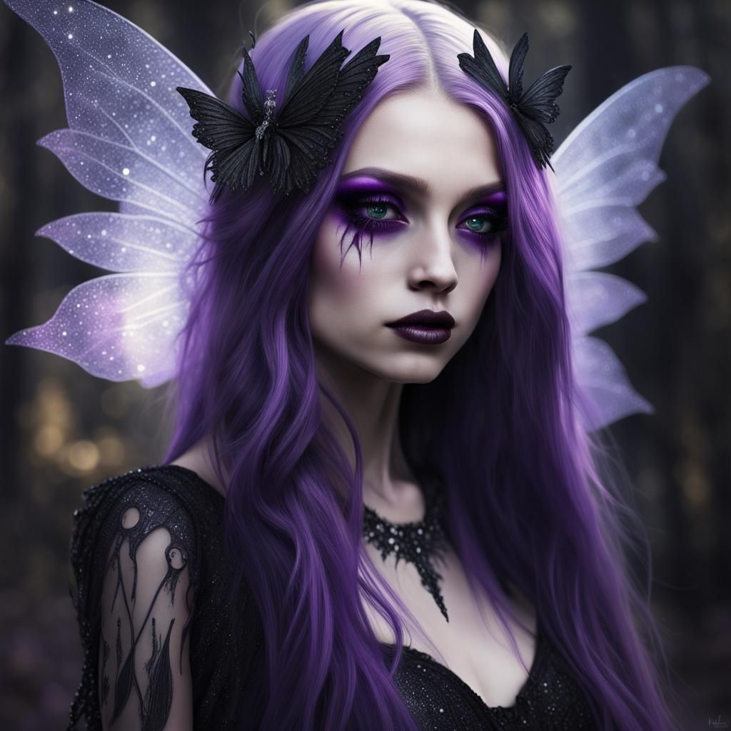 Sparkly shimmery gothic Fairy with long purple hair and purple eyes& purple wing& Black Gothic dress& gothic vibes& ethe...