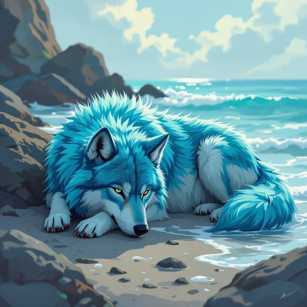 Oceanic Blue Wolf on Rocky Shore