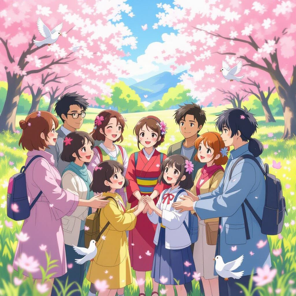 Diverse Group in Anime Style Garden of Peace