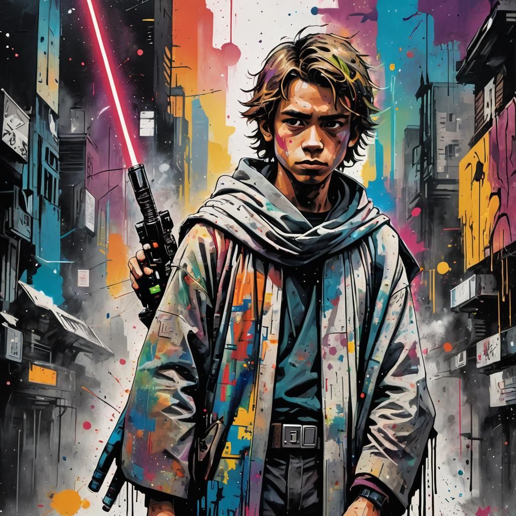Jedi in Street Art Style Sci-Fi Cityscape