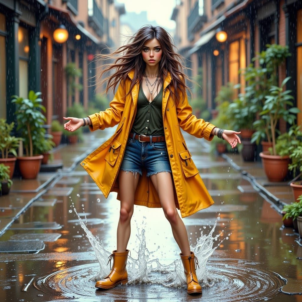 Woman Splashing in Rainy Puddles with Yellow Raincoat