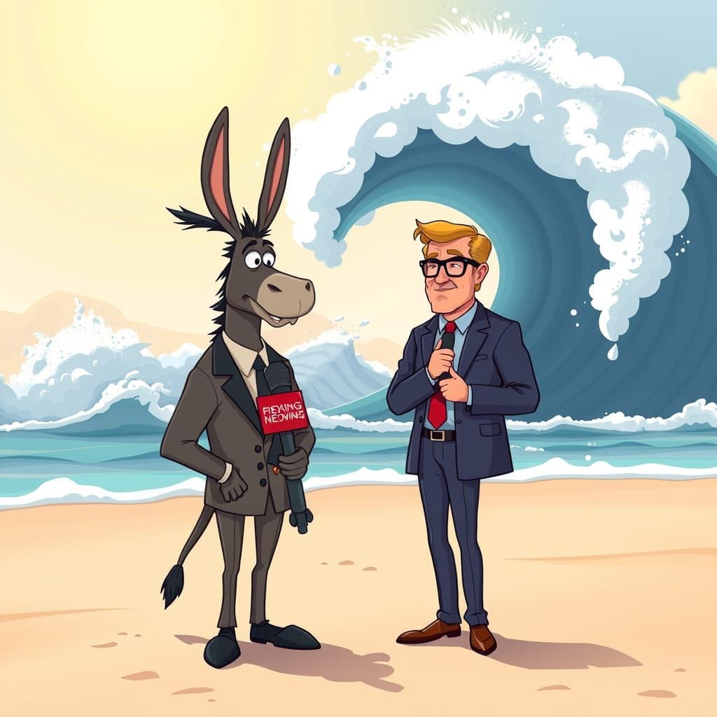Cartoon Donkey-Man Interview on Beach with Looming Wave