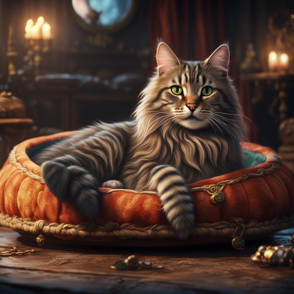 Fluffy Tabby Cat on a Cozy Cat Bed