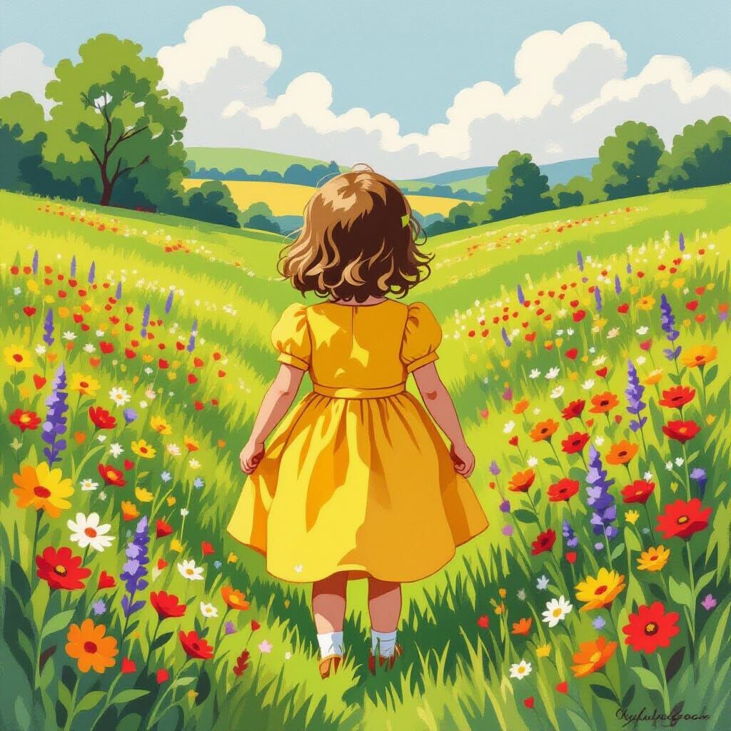 Child in Meadow, Fairy-Tale Illustration