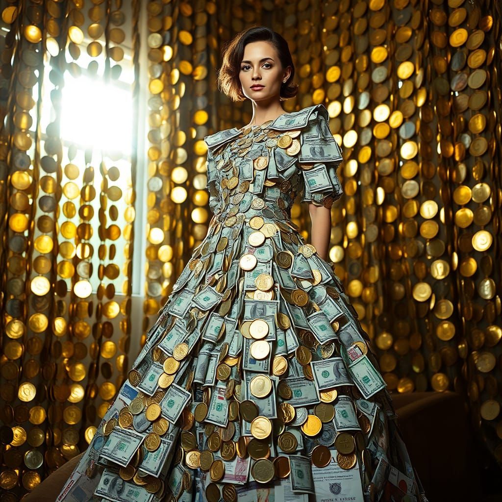 Woman in Dollar Gown with Gold Coin Curtains