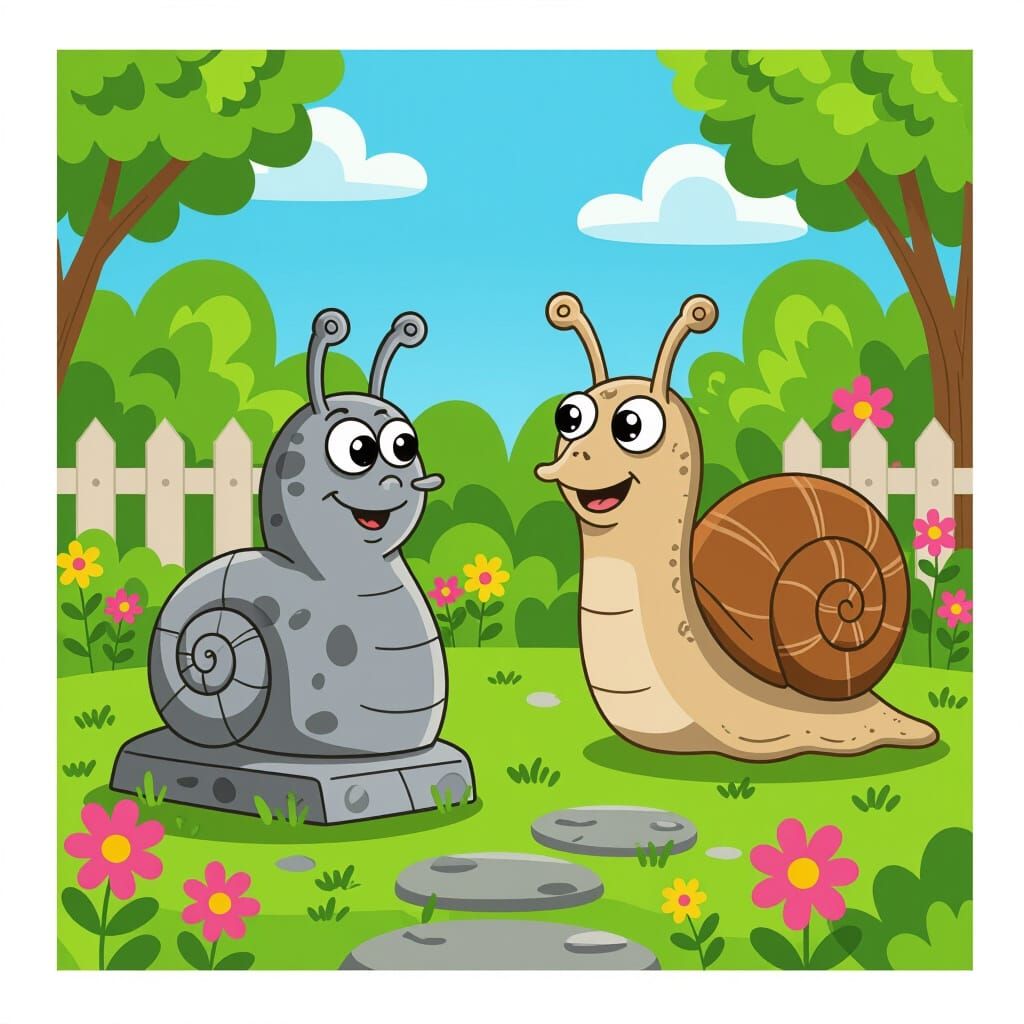 Cartoon Snail Contemplates Stone Statue