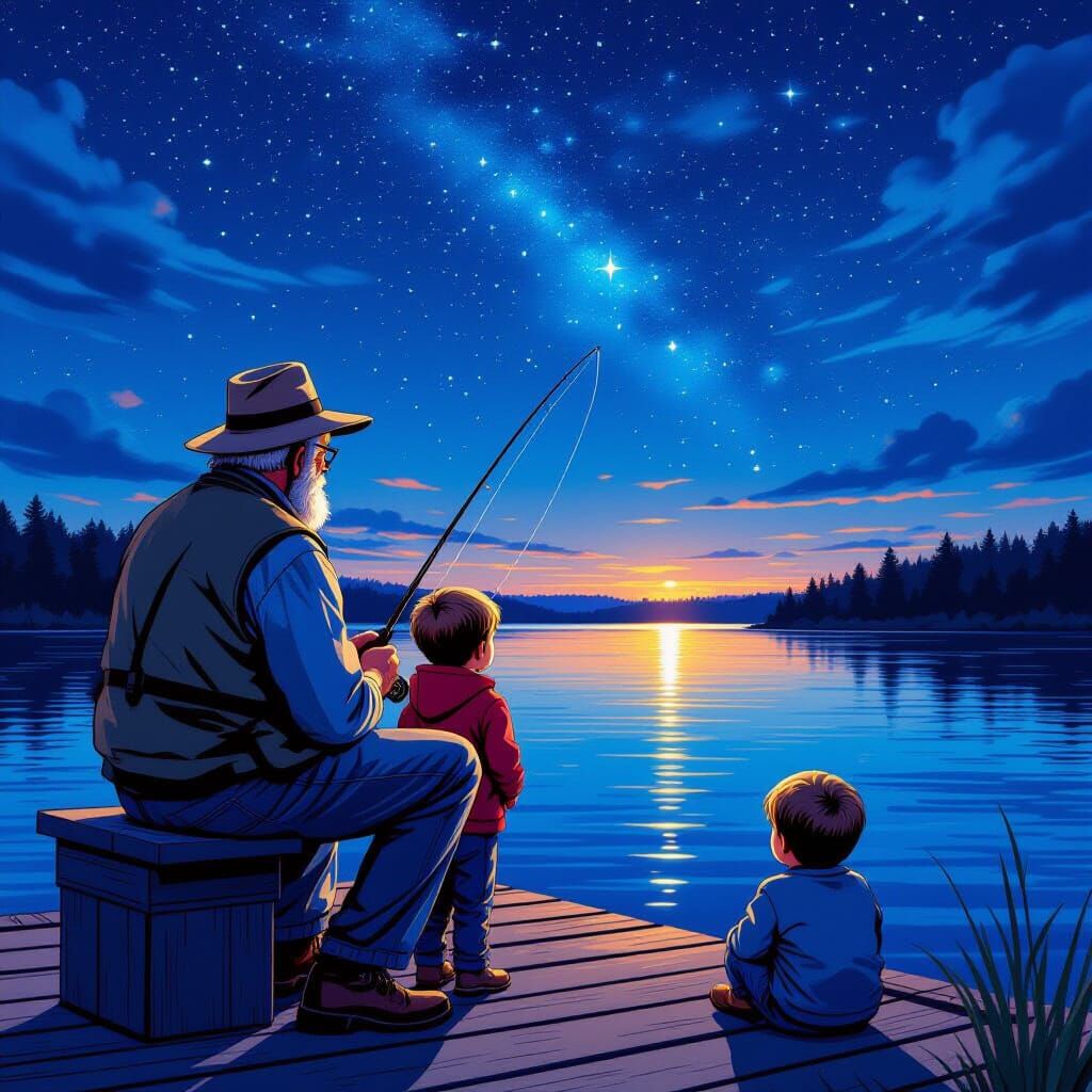 Grandfather's Night Fishing Trip in Comic Book Style