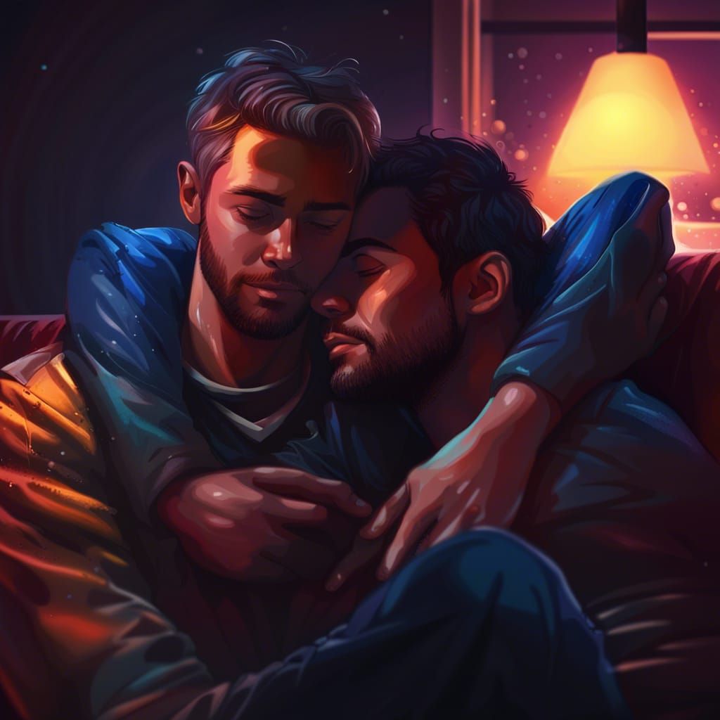 Intimate Moment: Male Couple Hug in Living Room