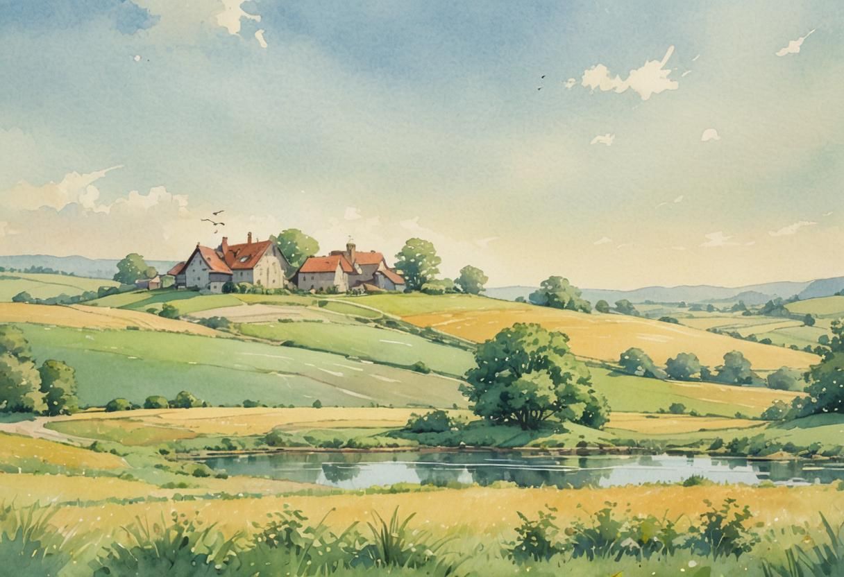 Watercolor Comic Art of a Serene Village Landscape