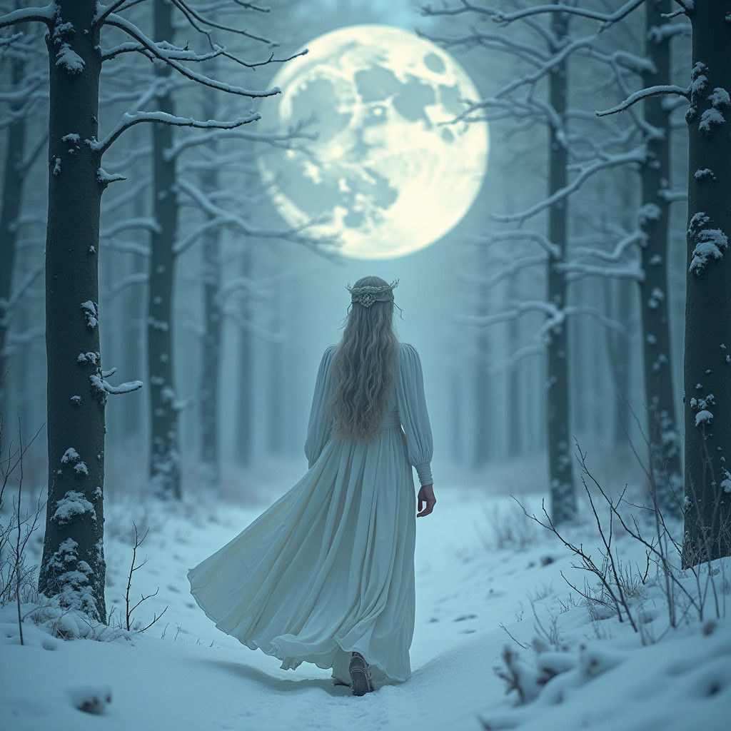 Elven Maiden in Snowy Forest Under Moonlight