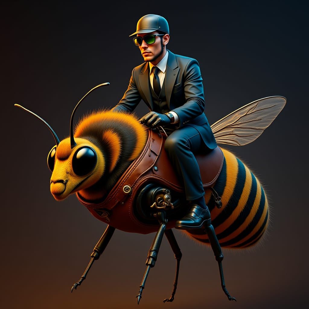 Fly Rides a Bumblebee in Detailed Digital Painting