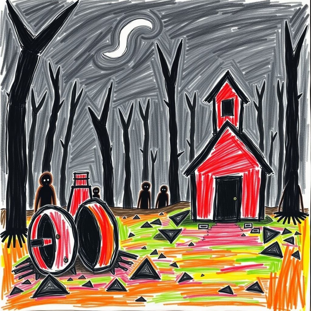 Gothic Church in Forest Clearing: Crayon Art