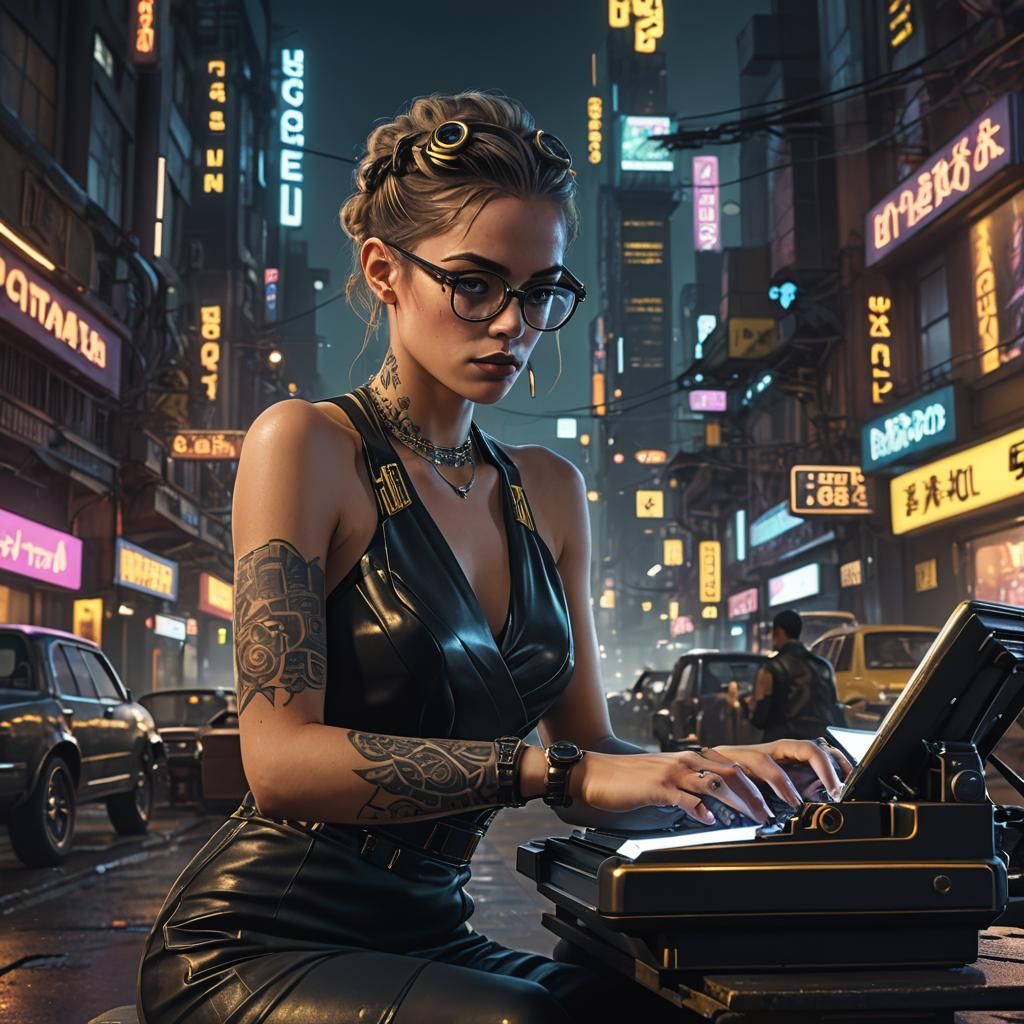 Cyberpunk Woman Typing in a Sci-Fi City