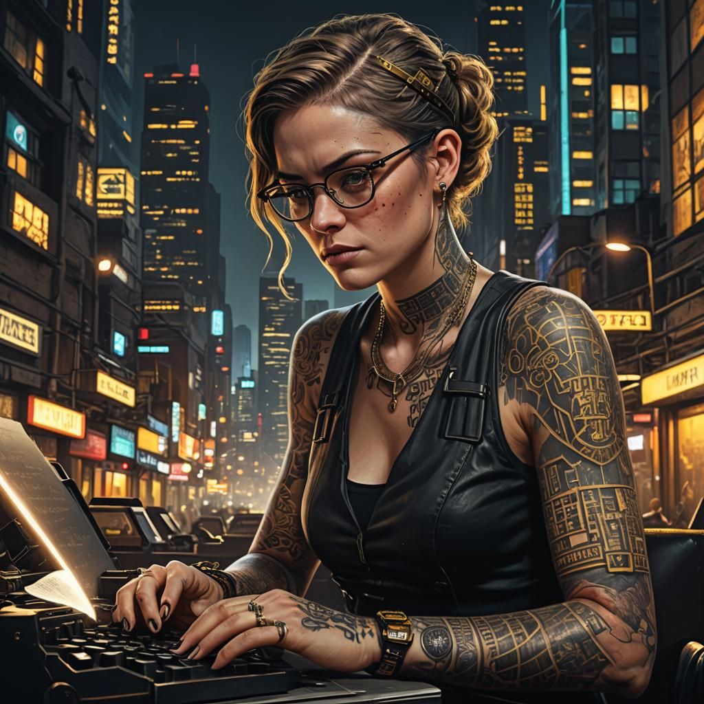 Cyberpunk Woman Typing in Neon Cityscape