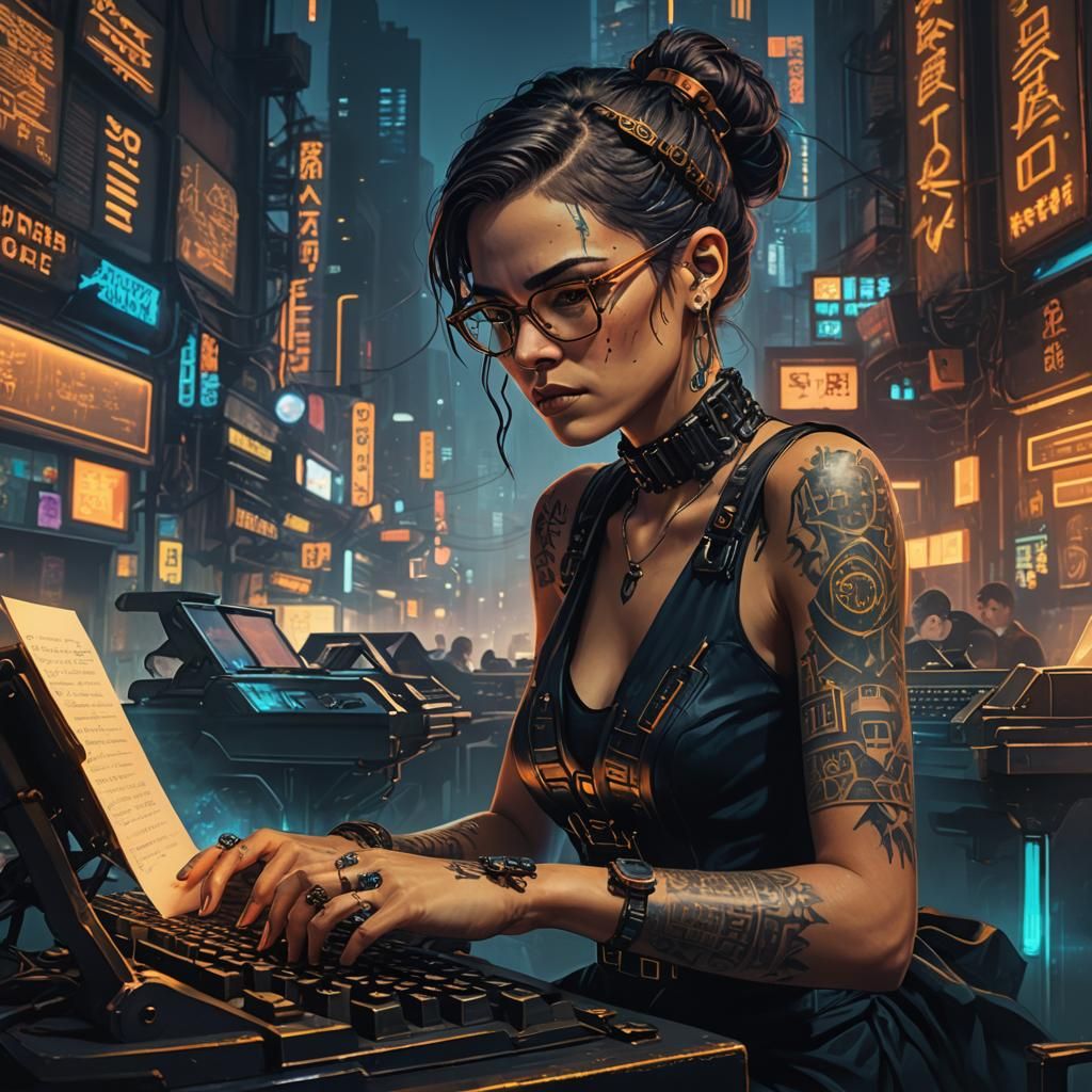 Cyberpunk Woman Typing in Neon City