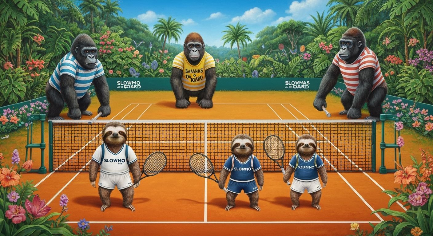 Sloths and Gorillas Play Tennis in Airbrush Style