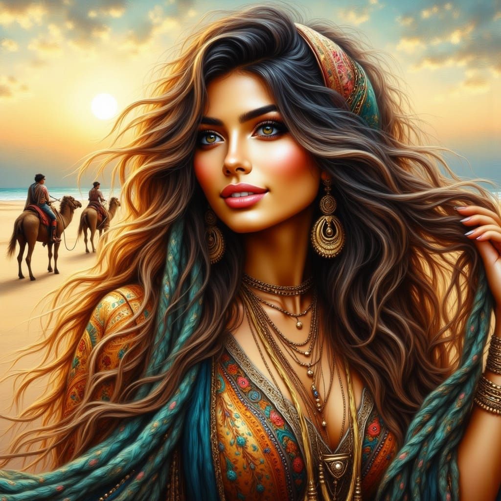 Art Nouveau Woman in Desert Sunset, Golden Hour