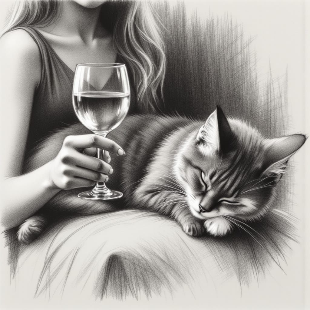 Charcoal Drawing of Woman's Hand Holding Wine Glass with Cat