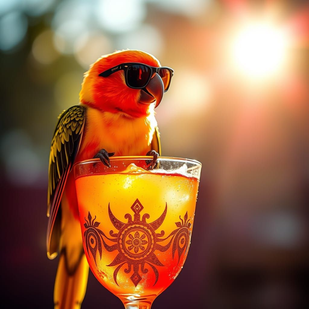Mini Parrot on Cocktail Glass: Hyperrealistic Art