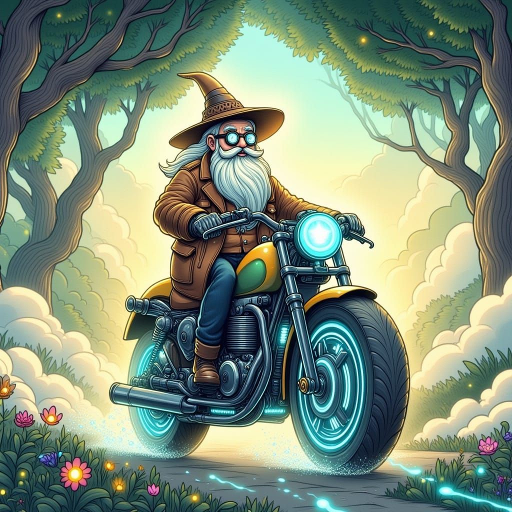 Futuristic Wizard Rides Through Whimsical Landscape