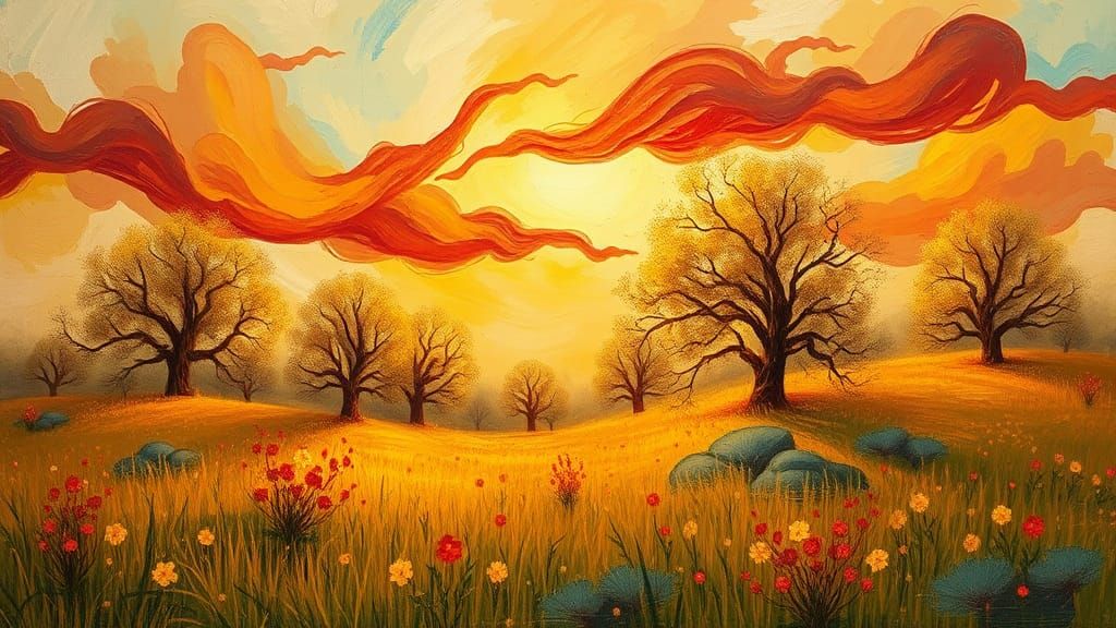 Impressionist Spring Meadow with Swirling Clouds