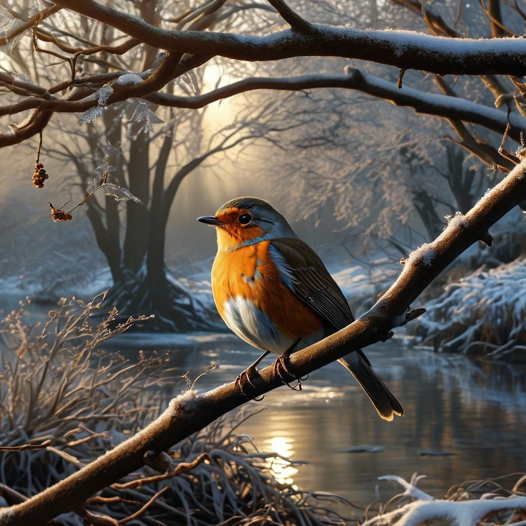 close up robin on a branch winter riverbank, Landscape forest with old trees, beautiful leaves, sun light shi...