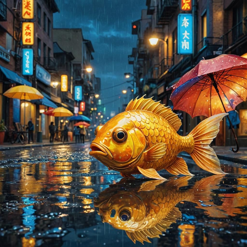 Golden Fish Walks City Street in Oil Painting