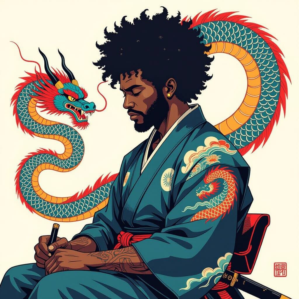 Samurai with Afro Receives Dragon Tattoo in Cinematic Style
