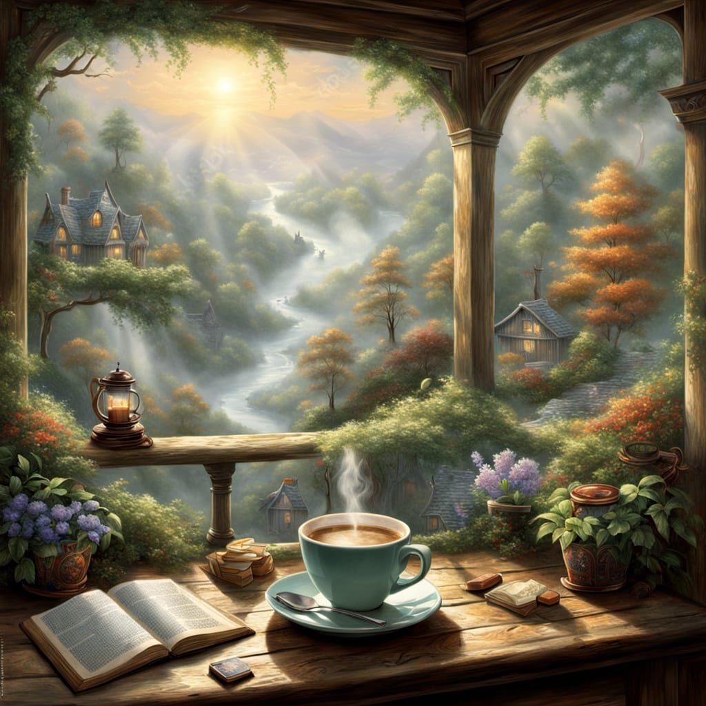 Ethereal Fantasy Coffee Scene in Morning Mist