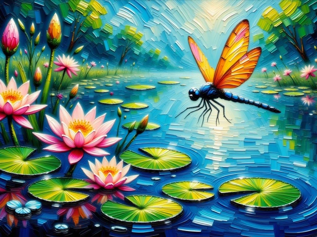 Dragonfly and Water Lily as Impasto Oil Painting