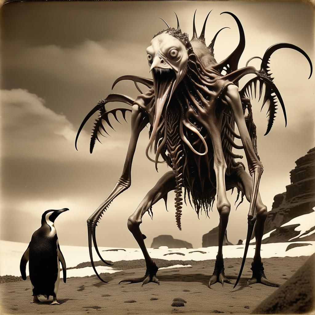 Lovecraftian Horror: Chaos Daemon and Penguin in Sepia