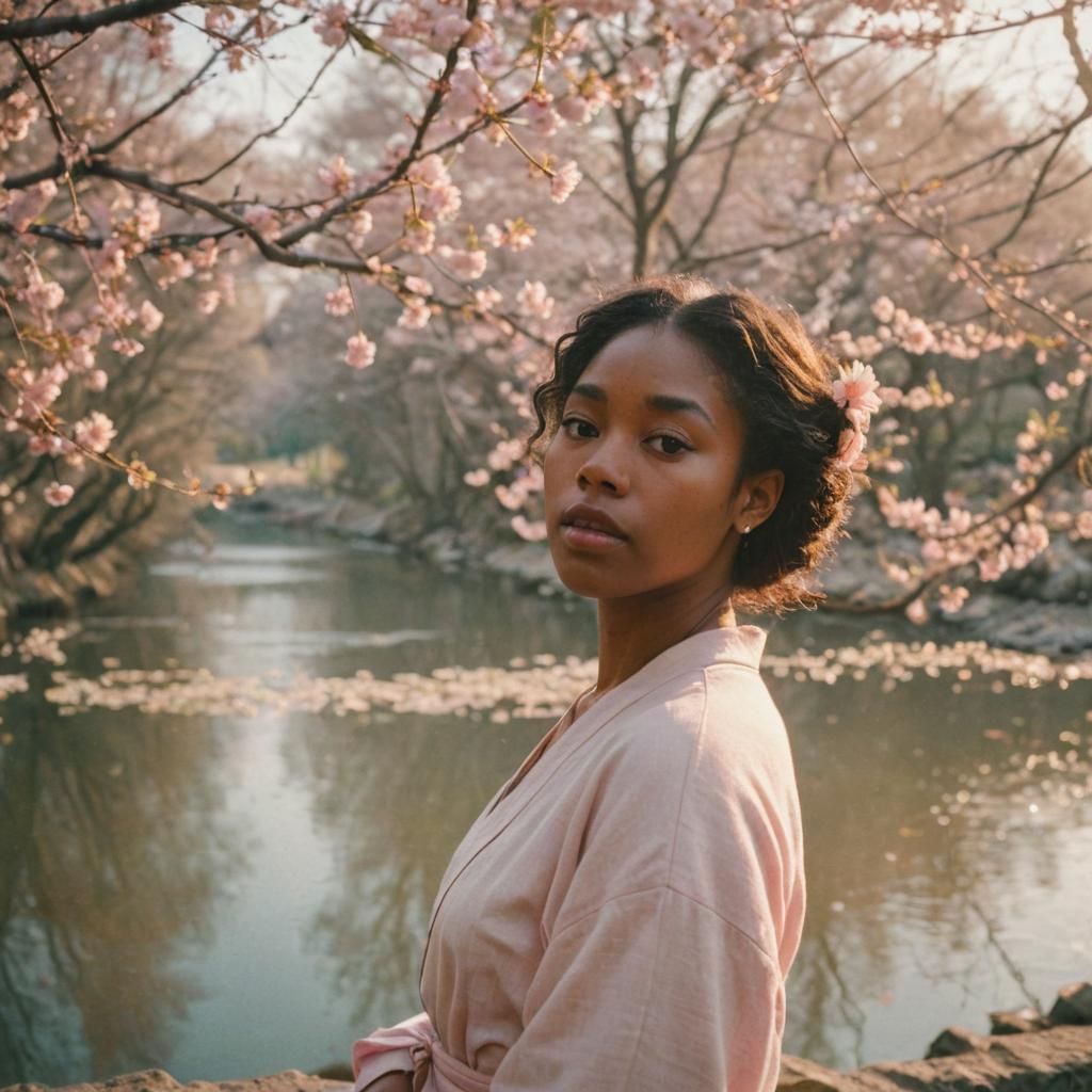 Pensive Woman in Japanese Cherry Blossom Scene