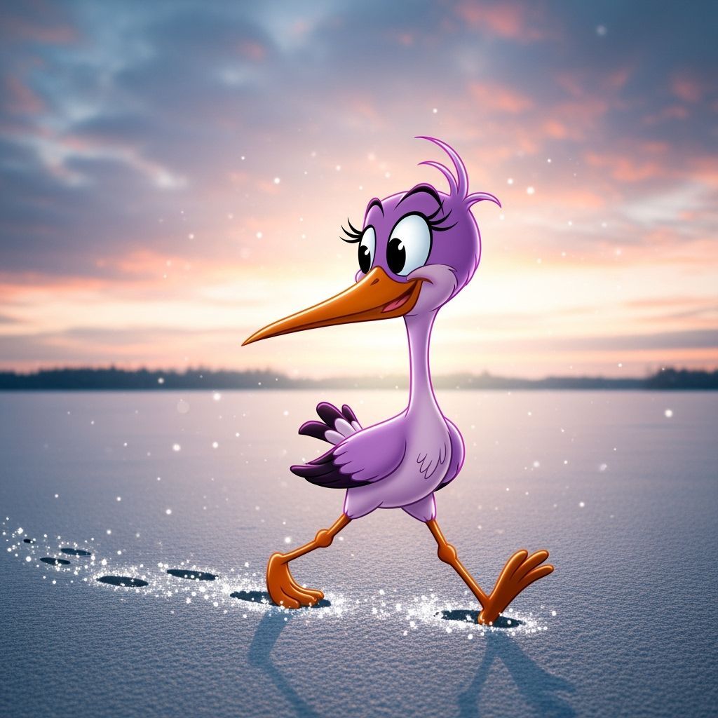 Cartoon Purple Stork on Frozen Lake