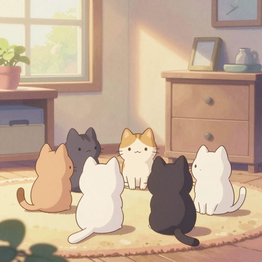 Cute Cats in Cozy Lofi Anime Scene