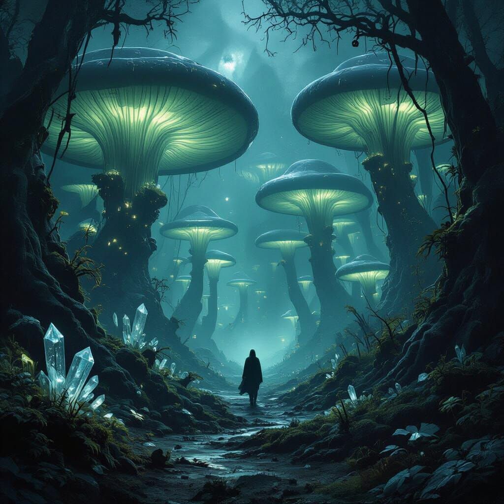 Otherworldly Forest With Bioluminescent Mushrooms and Crysta...