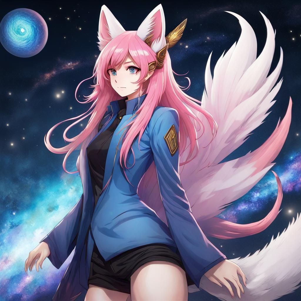 Anime Kitsune with Galaxy Hair and Dark Sword
