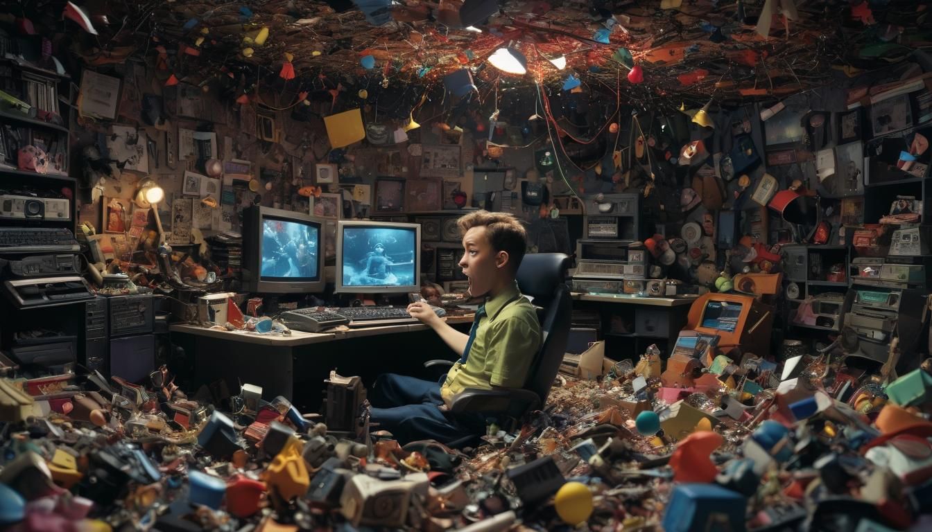 Surreal Man Drowning in Toys and Computers