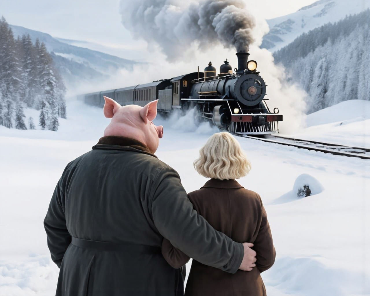 Steam Train Navigates Snowy Landscape