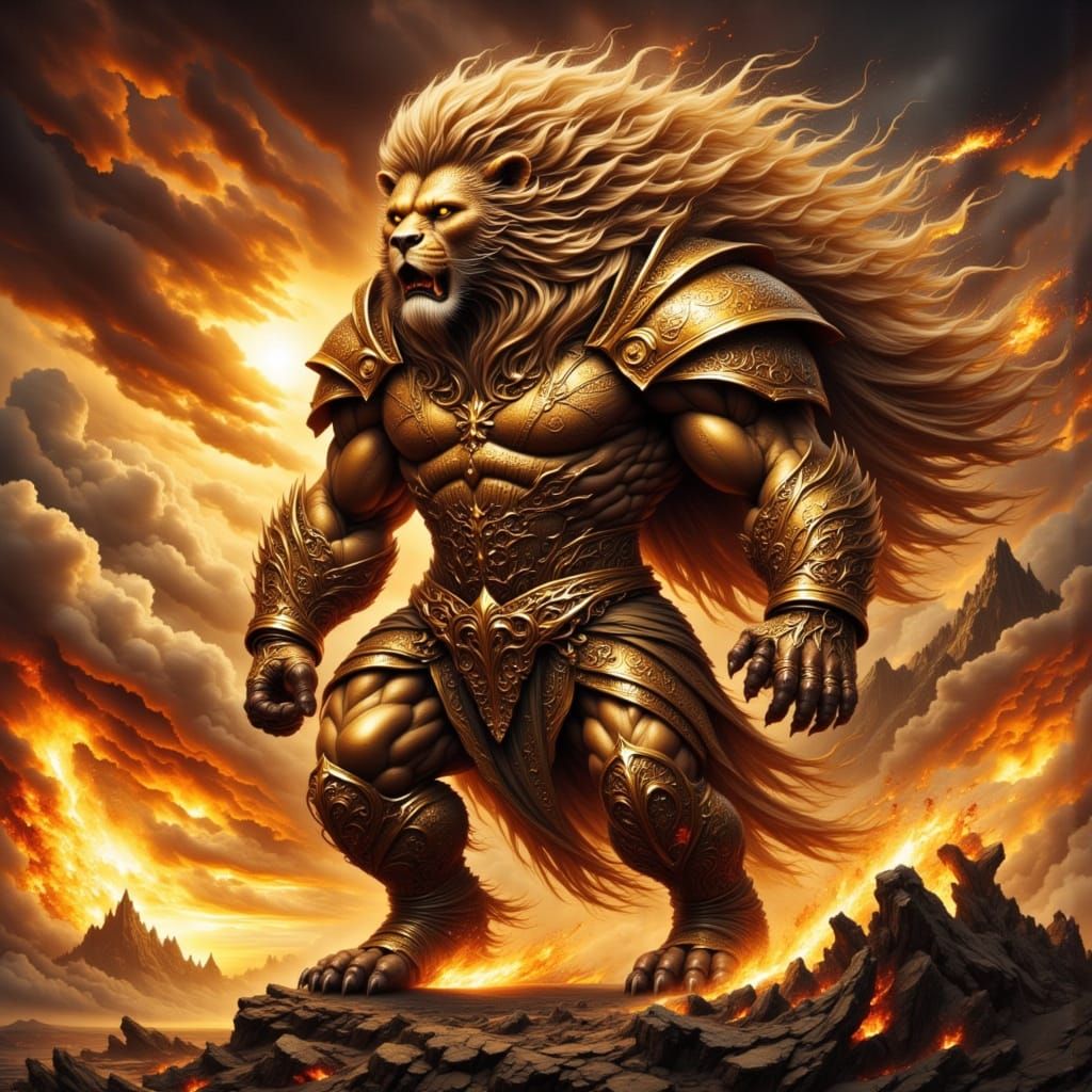 Lion Warrior in Golden Armor, Dark Fantasy Art