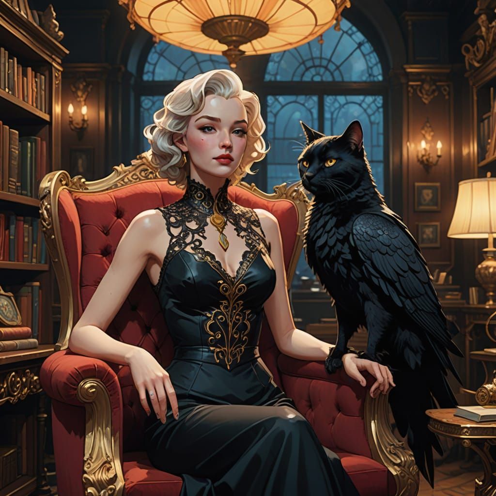 Erial, Feline Siren, in Opulent Study with Velvet Armchair