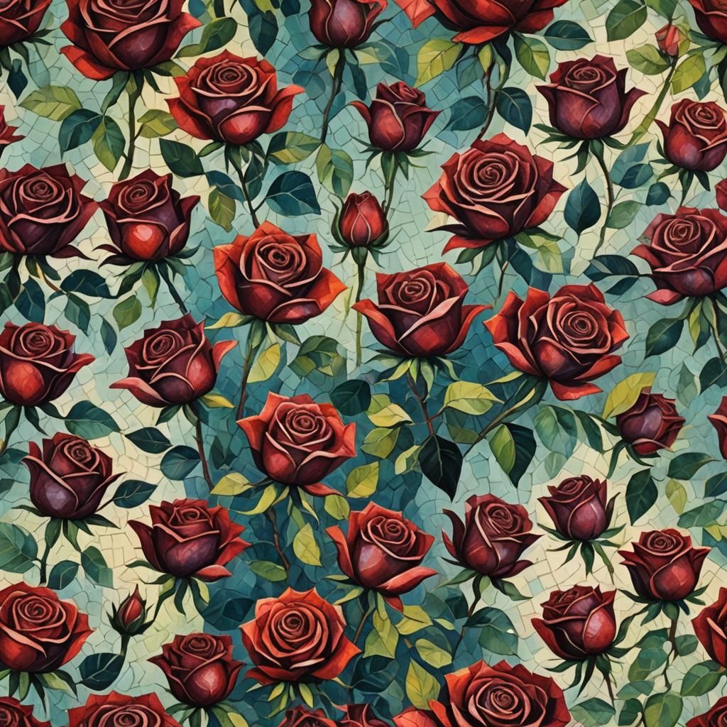 Dark Red Roses: Mosaic Watercolour Expressionist Painting