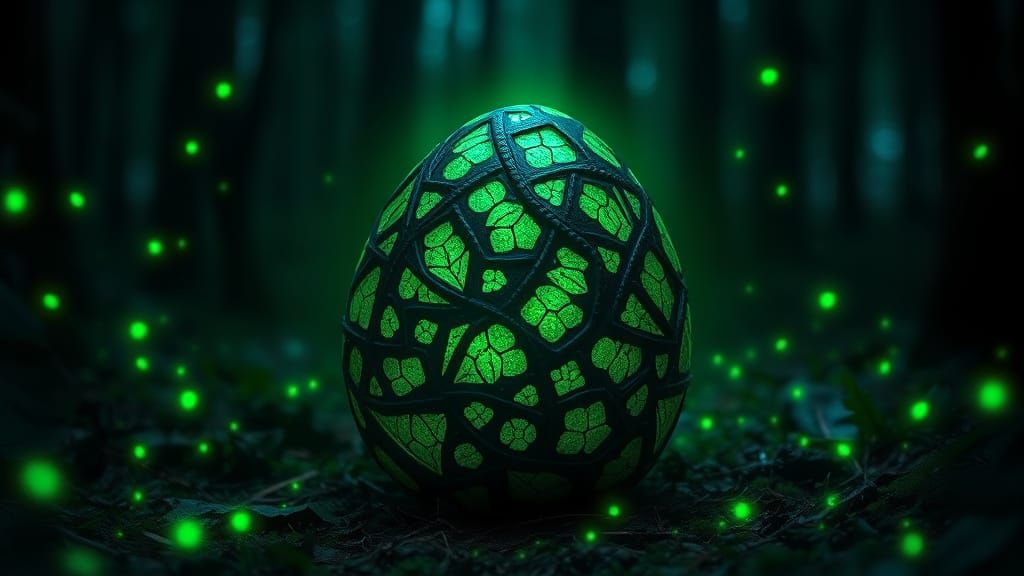 Ethereal Emerald Dragon Egg in a Whimsical Forest Scene