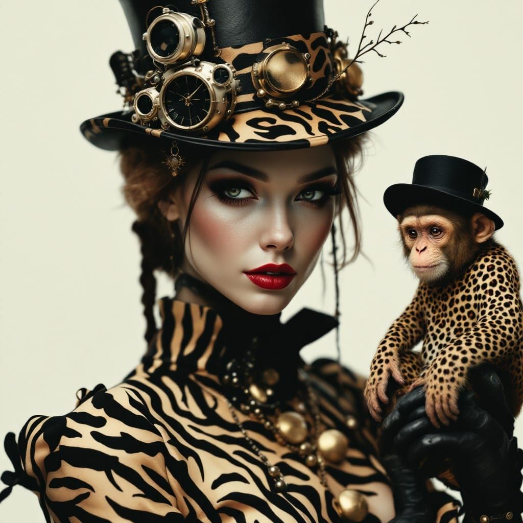 Steampunk Lady in Leopard and Zebra Print with Mischievous M...