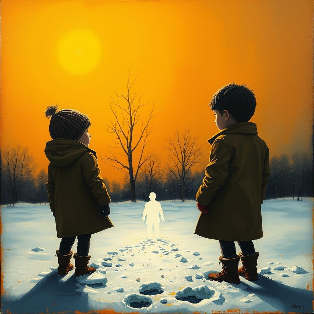 Surreal Snow Scene: Children Observe Cardboard Silhouette