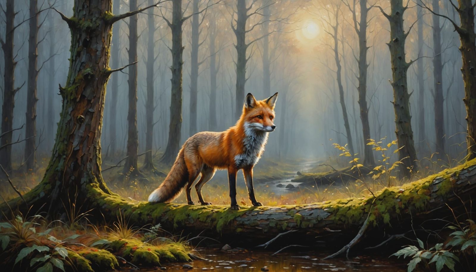 Ethereal Red Fox in Forest, Oil Painting