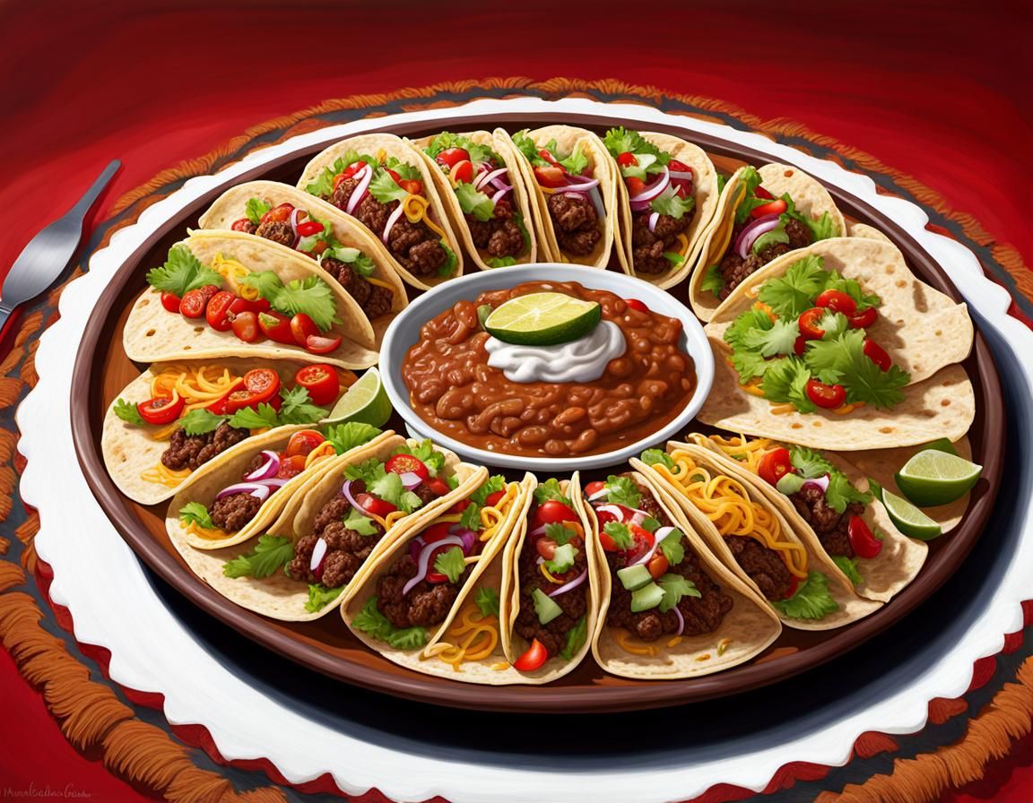 Mexican Buffet with Tacos as Hyperrealistic Oil Painting