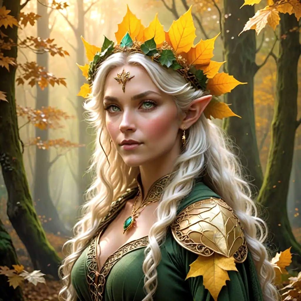 Ethereal Elven Woman in Autumn Forest, Hyperdetailed
