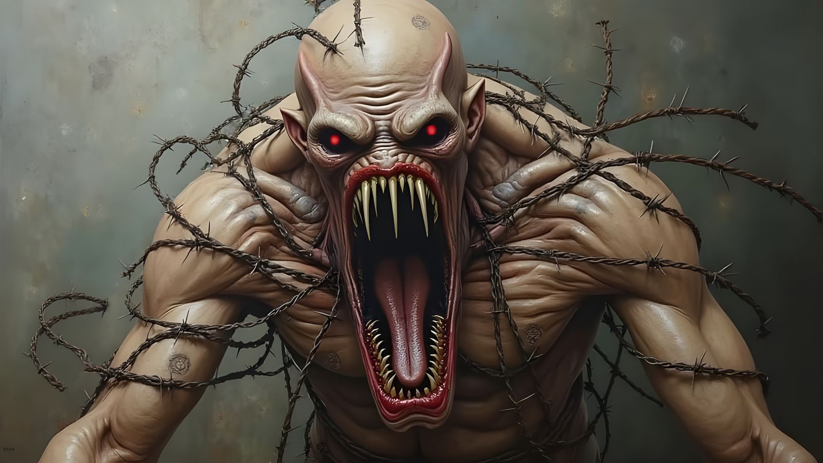 Terrifying Humanoid with Steel Maw and Cennobite in Barbed W...