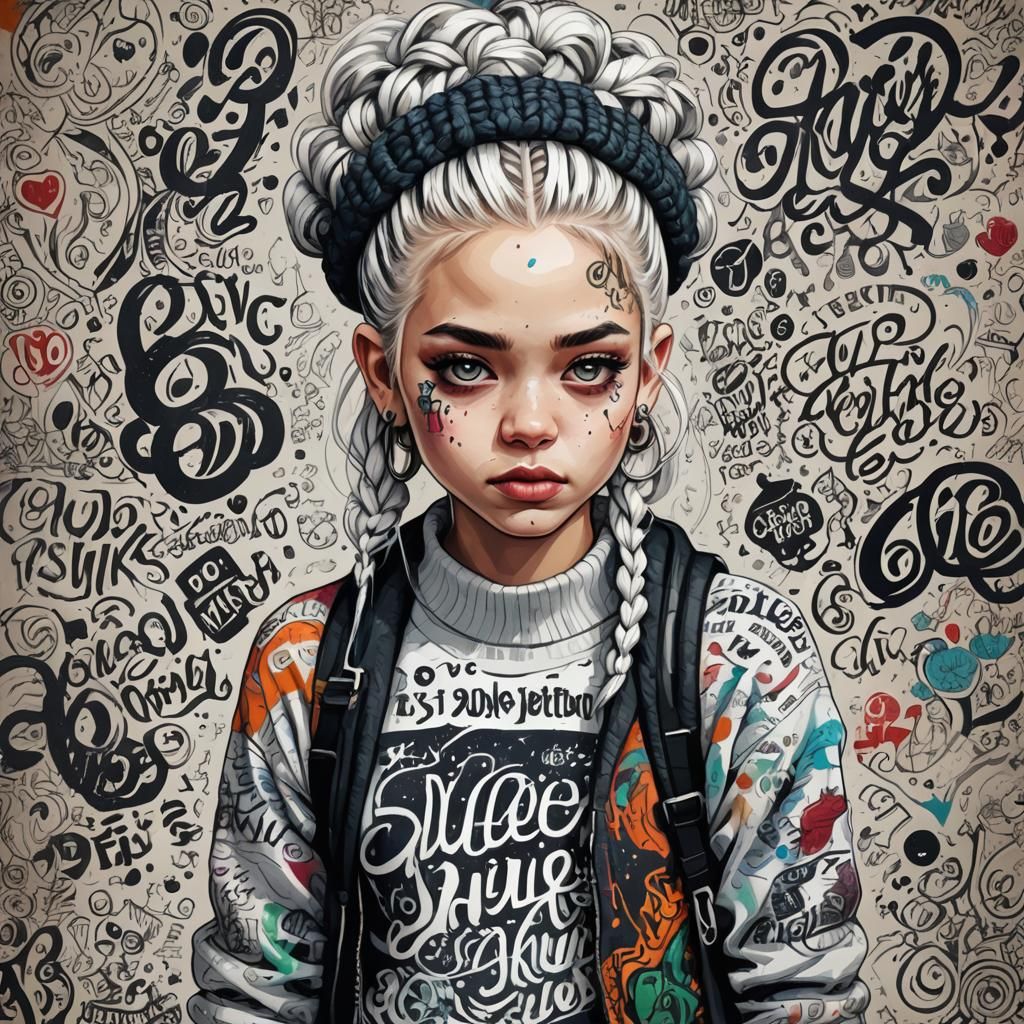 Intricate Ink Portrait of Punk Girl with Braids